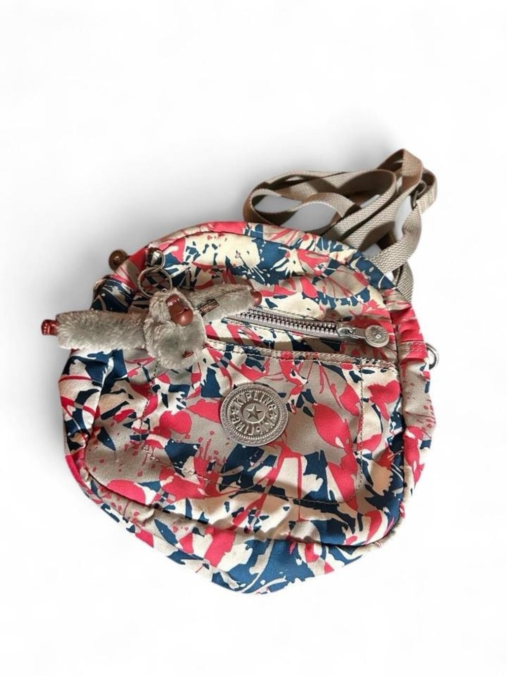 Kipling coral tan blue abstract splatter print backpack crossbody iconic monkey